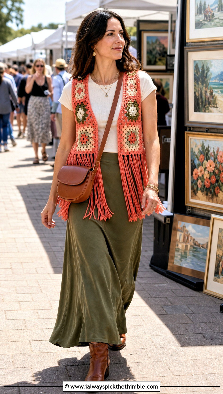 Fringed Granny Square Waistcoat With Maxi Skirt - 25 granny square waistcoat outfit ideas