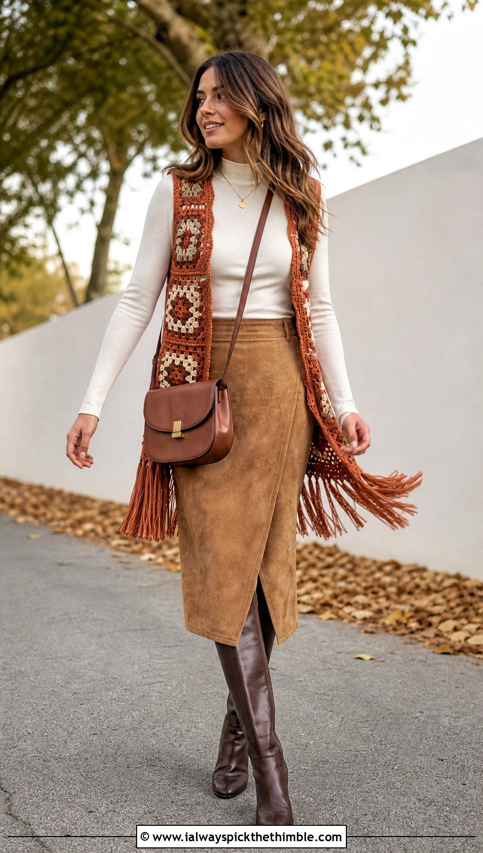 Fringed Granny Square Waistcoat With Suede Skirt - 20 crochet granny square waistcoat outfit ideas