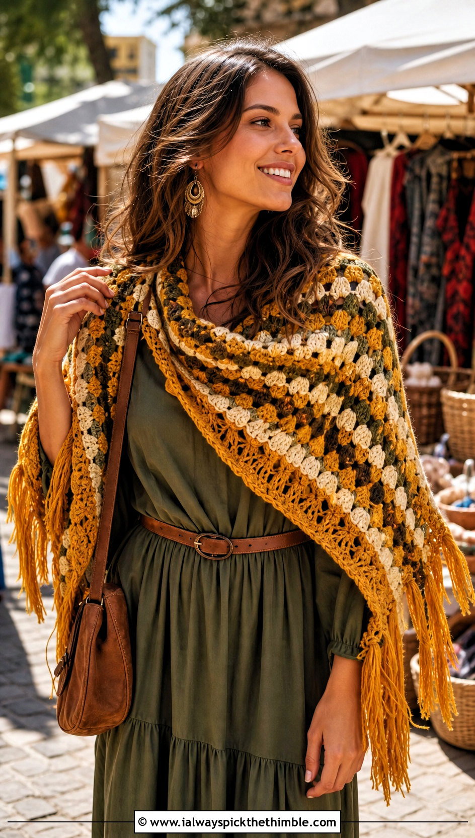 Fringed Granny Stripe Scarf With Maxi Dress - 20 crochet granny stitch scarf outfit ideas