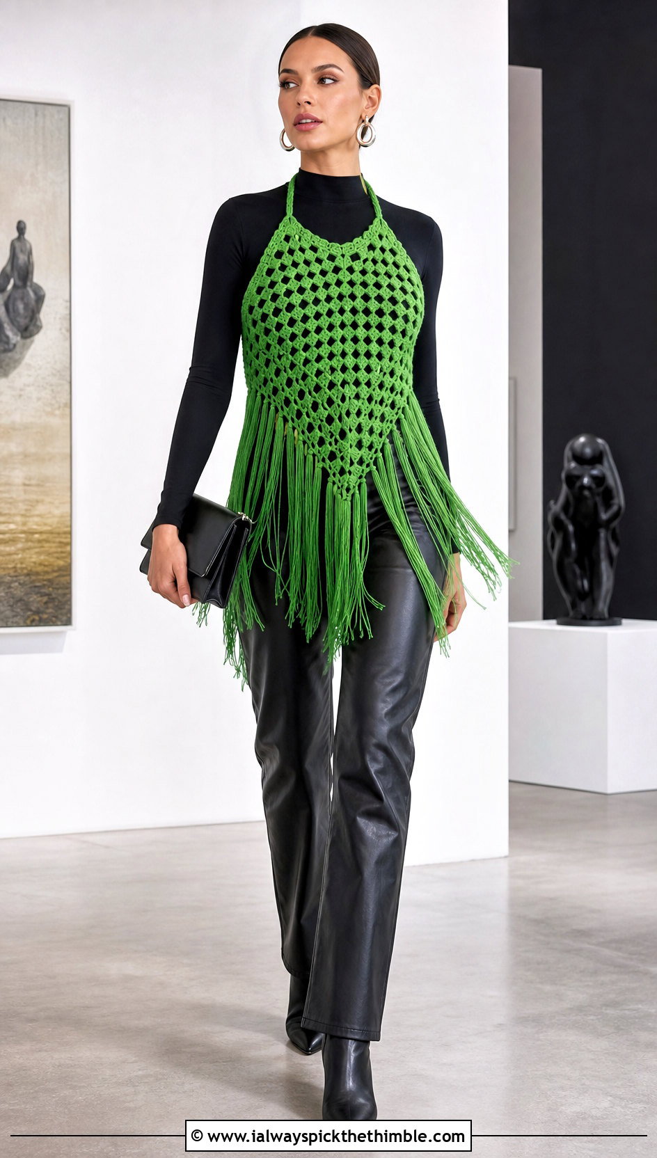 Fringed Granny Triangle Top With Leather Pants - 20 crochet granny triangle top outfit ideas