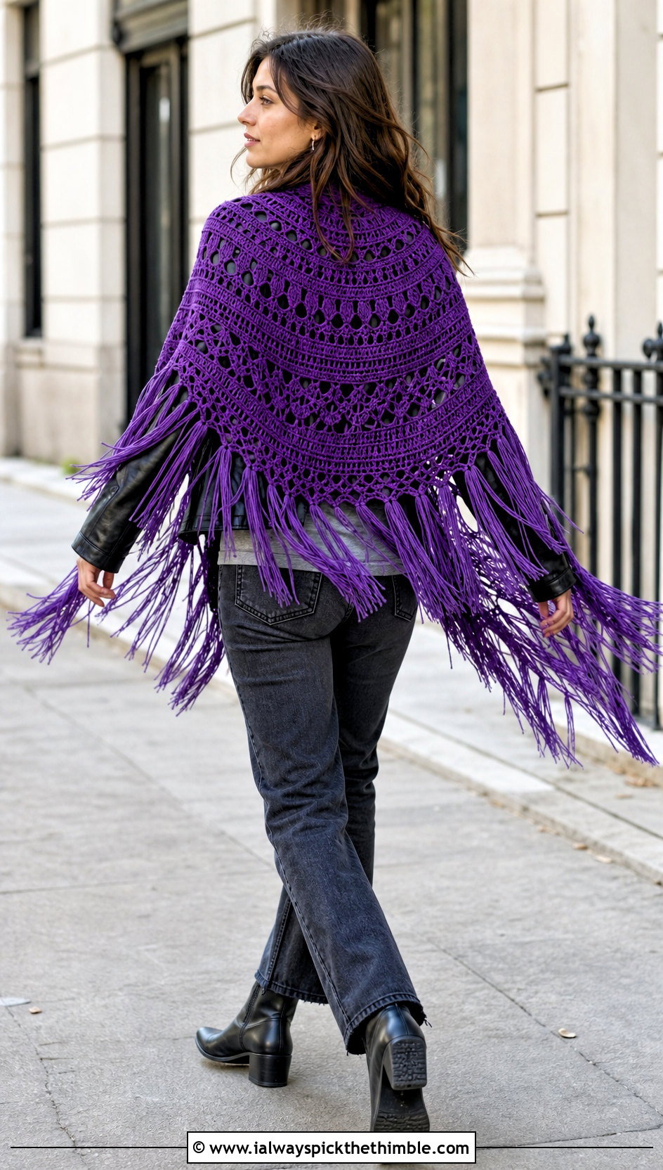 Fringed Half Circle Crochet Shawl With a Leather Jacket - 20 crochet circular shawl outfit ideas