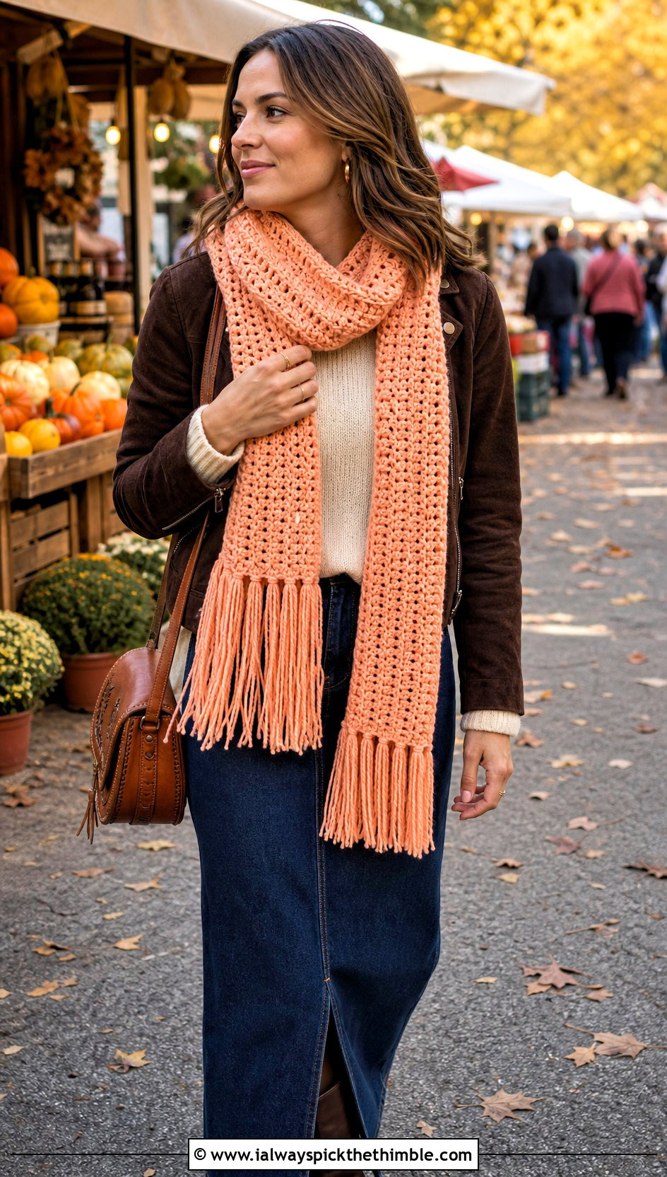 Fringed Half Double Crochet Scarf With Suede Jacket - 20 Half Double Crochet Scarf outfit ideas