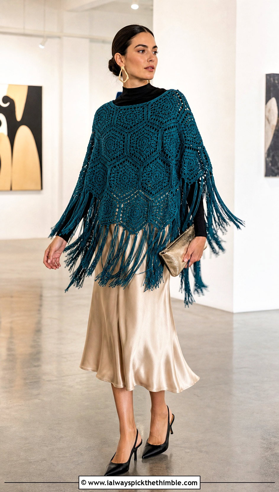 Fringed Hexagon Crochet Poncho With Satin Midi Skirt - 20 Hexagon Crochet Poncho outfit ideas
