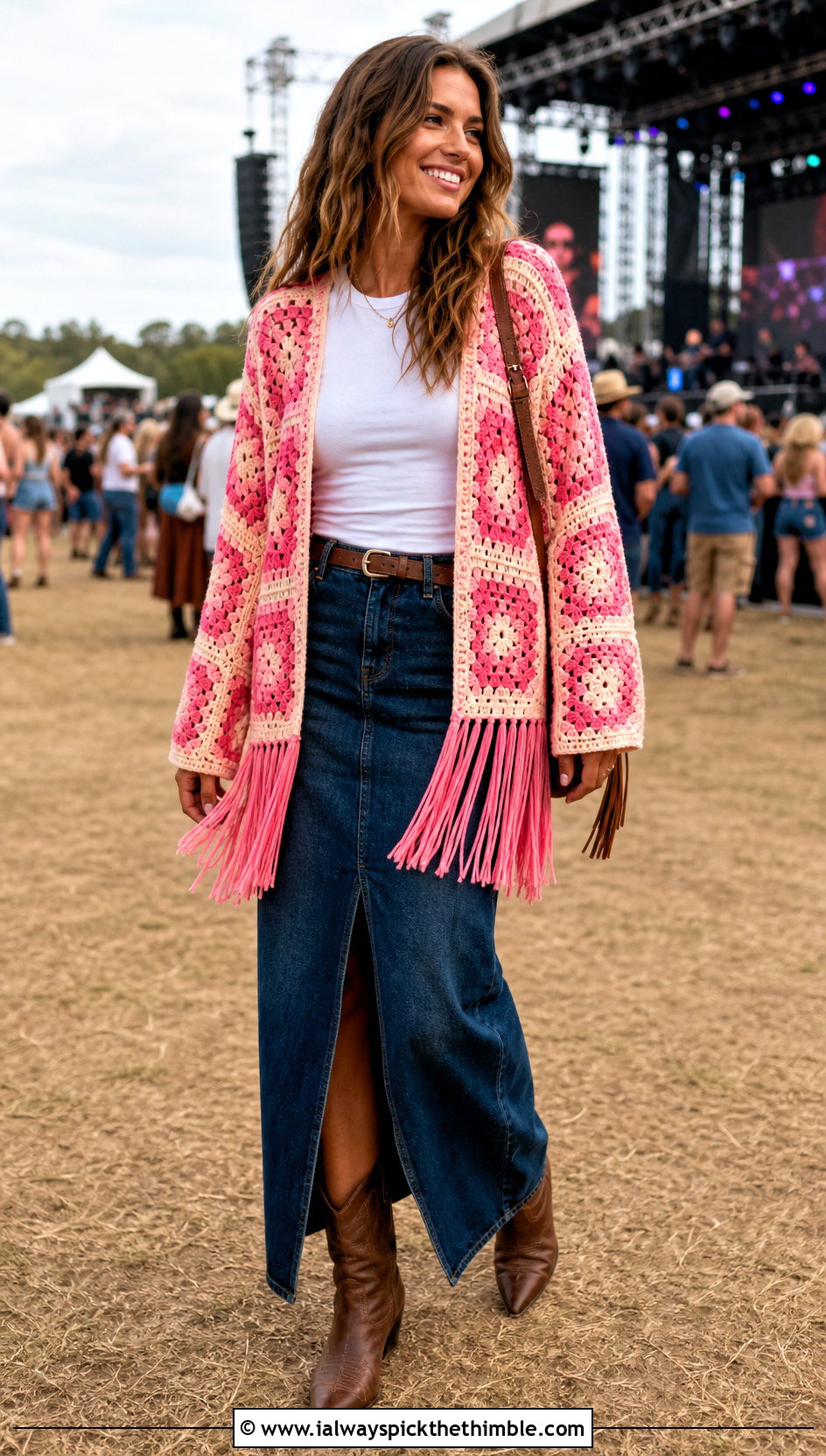 Fringed Hexagon Granny Square Cardigan With Denim Maxi Skirt - 25 hexagon granny square cardigan outfit ideas