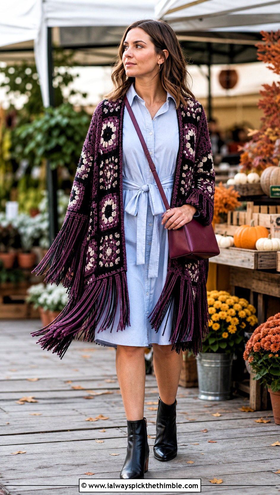 Fringed Hexagon Granny Square Cardigan With Shirt Dress - 25 hexagon granny square sweater outfit ideas