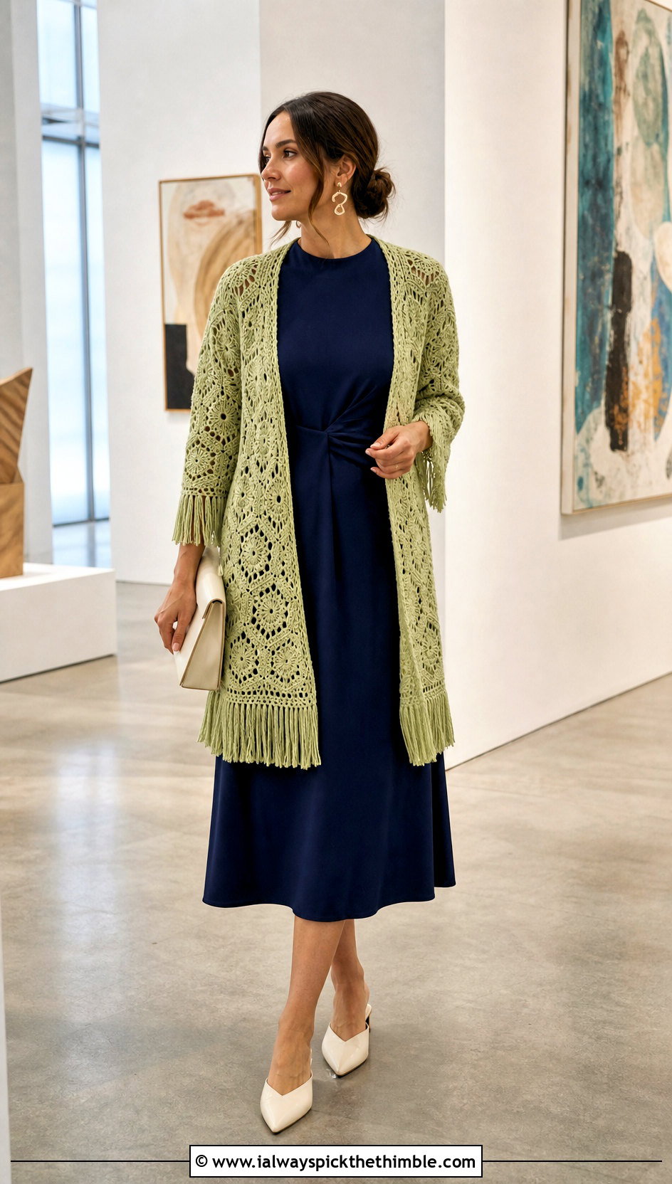 Fringed Hexi Cardi With Tailored Midi Dress - 25 crochet hexi cardi outfit ideas