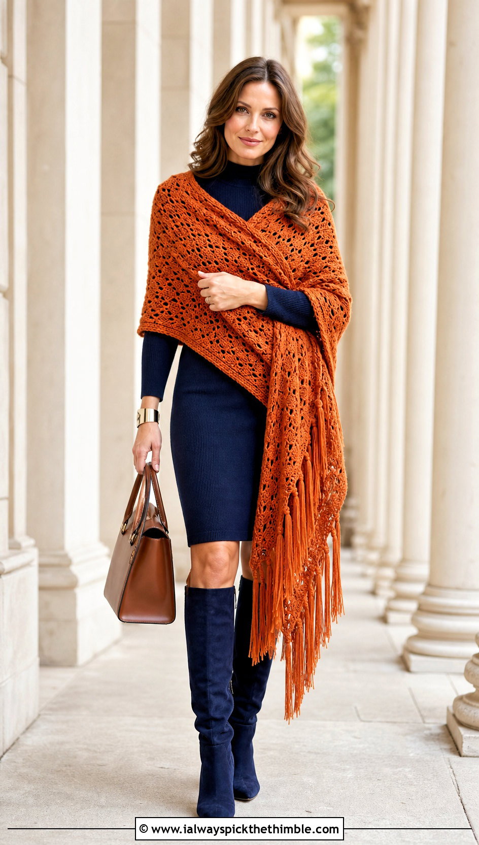Fringed Highland Crochet Outlander Shawl With Sweater Dress - 25 crochet outlander shawl outfit ideas