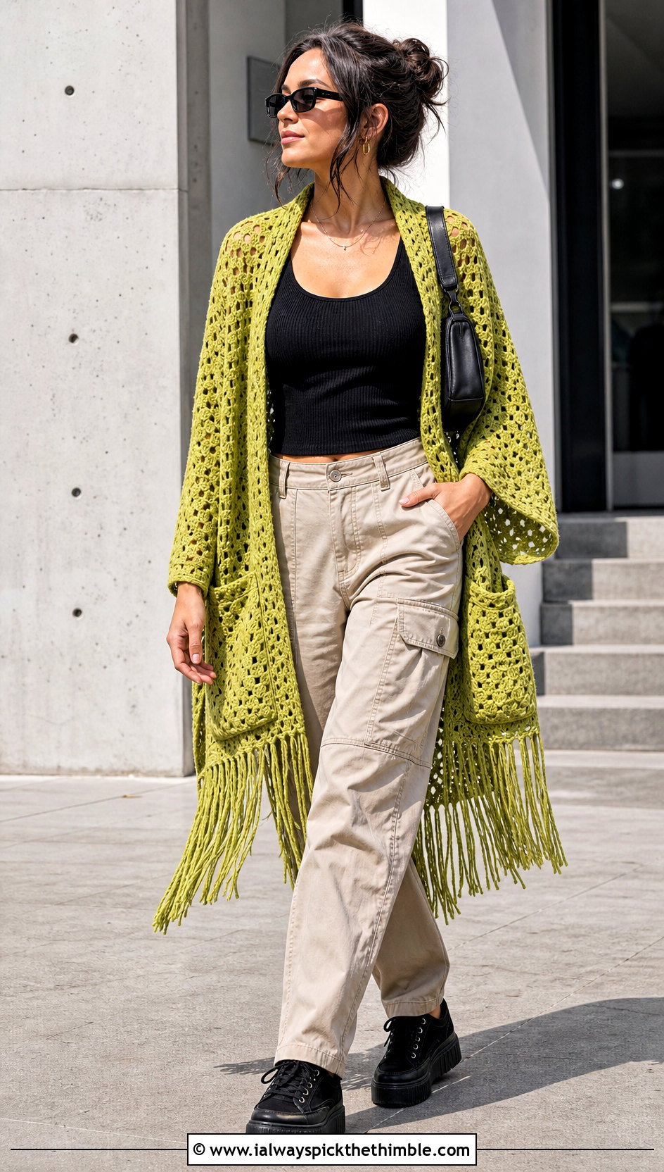 Fringed Hip Granny Pocket Shawl With Cargo Pants - 20 Granny Square Pocket Shawl outfit ideas