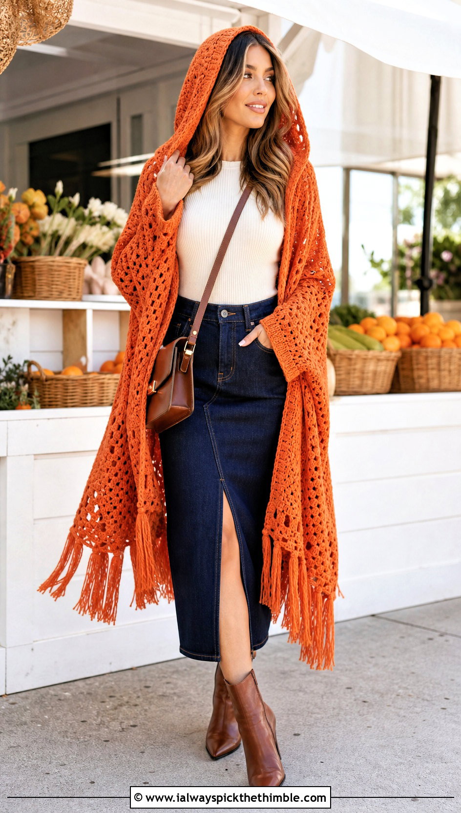 Fringed Hooded Crochet Ruana With Denim Midi Skirt - 20 Hooded Crochet Ruana outfit ideas