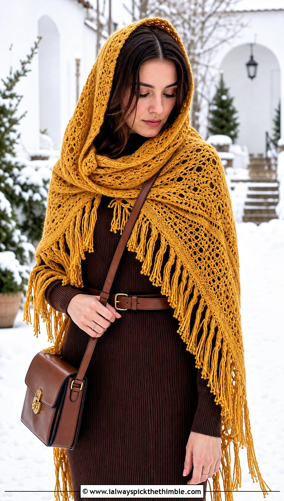 Fringed Hooded Scarf With Sweater Dress - 20 crochet scarf with hood outfit ideas