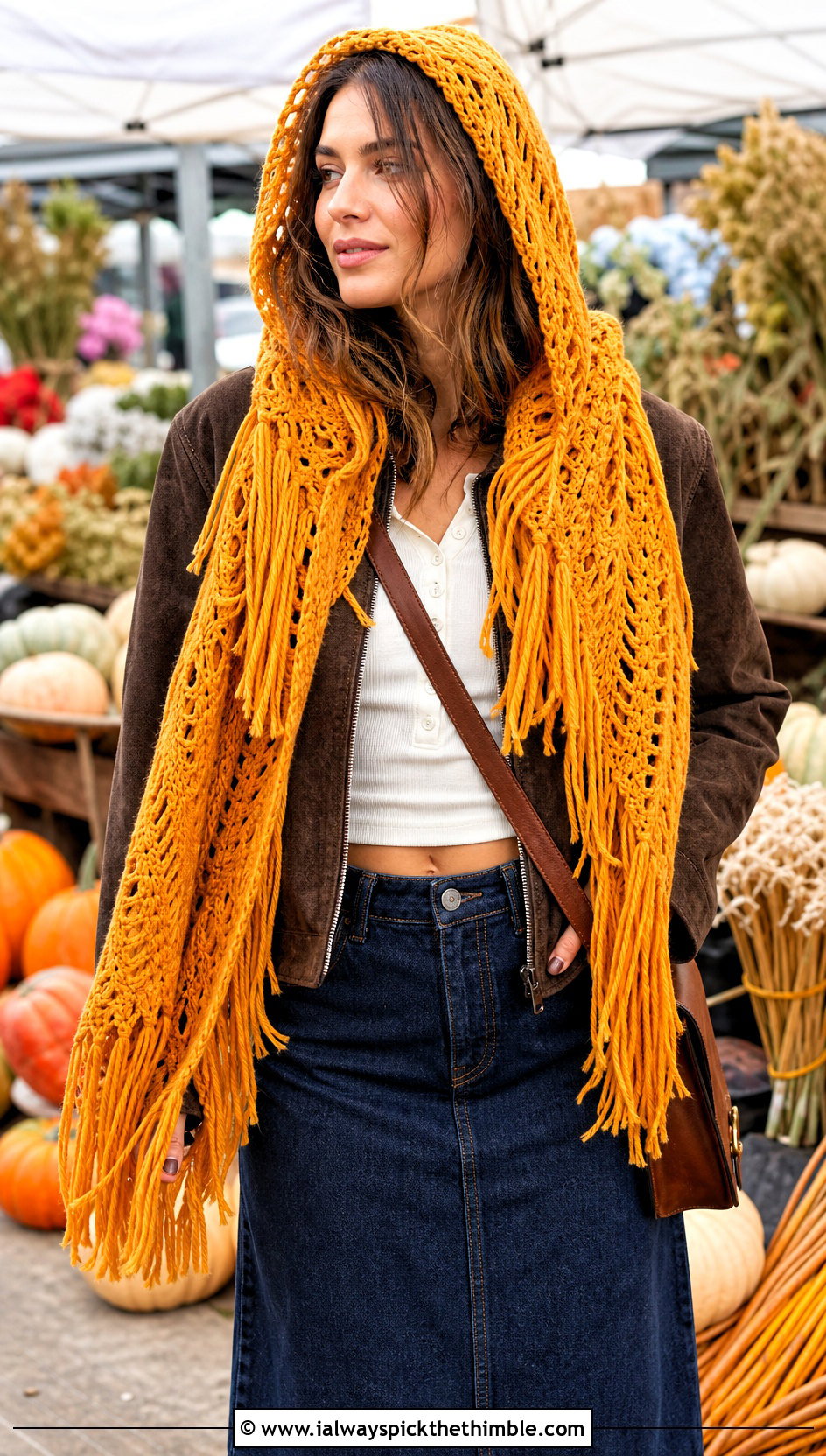 Fringed Hooded Scarf With Western Denim Outfit - 25 crochet hood scarf outfit ideas