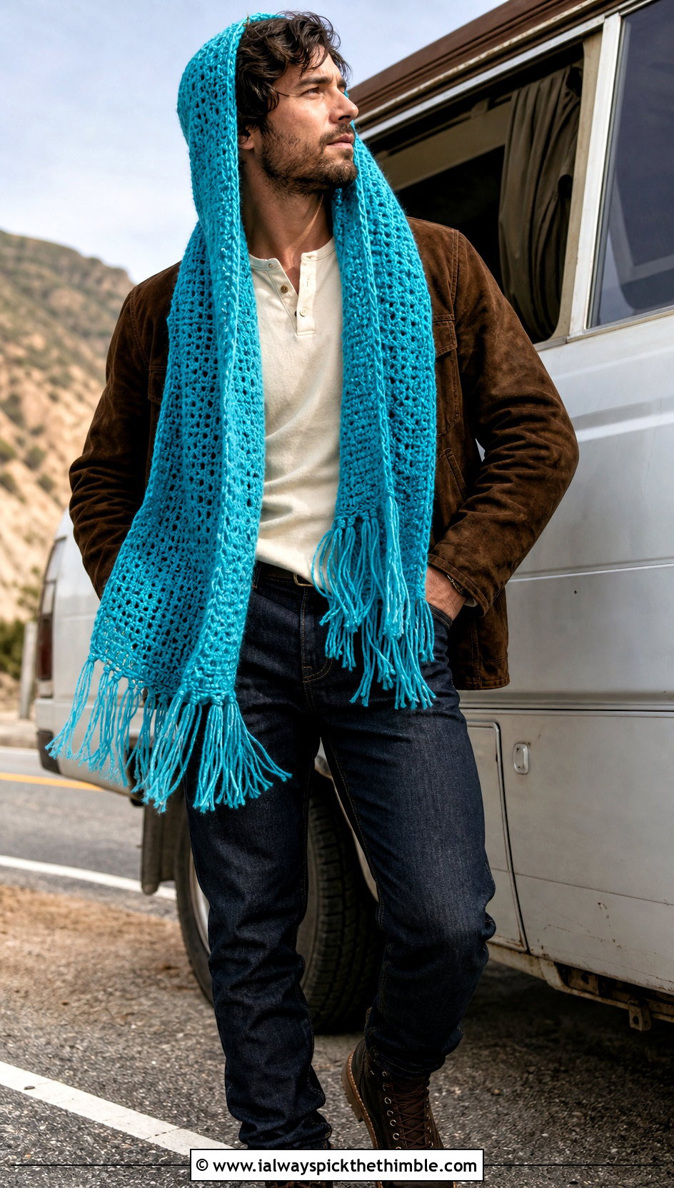 Fringed Hooded Scarf With Western Jacket - 20 Crochet Hooded Scarf For Men outfit ideas