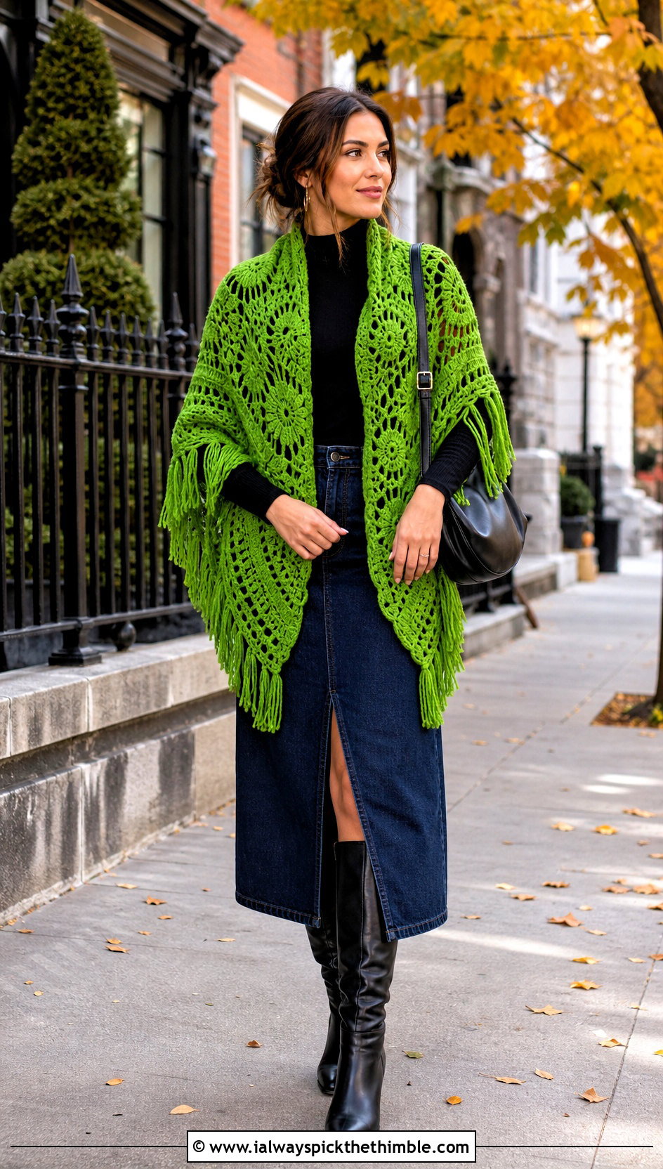 Fringed Irish Crochet Triangle Shawl With Denim Skirt - 20 Irish Crochet Shawl outfit ideas