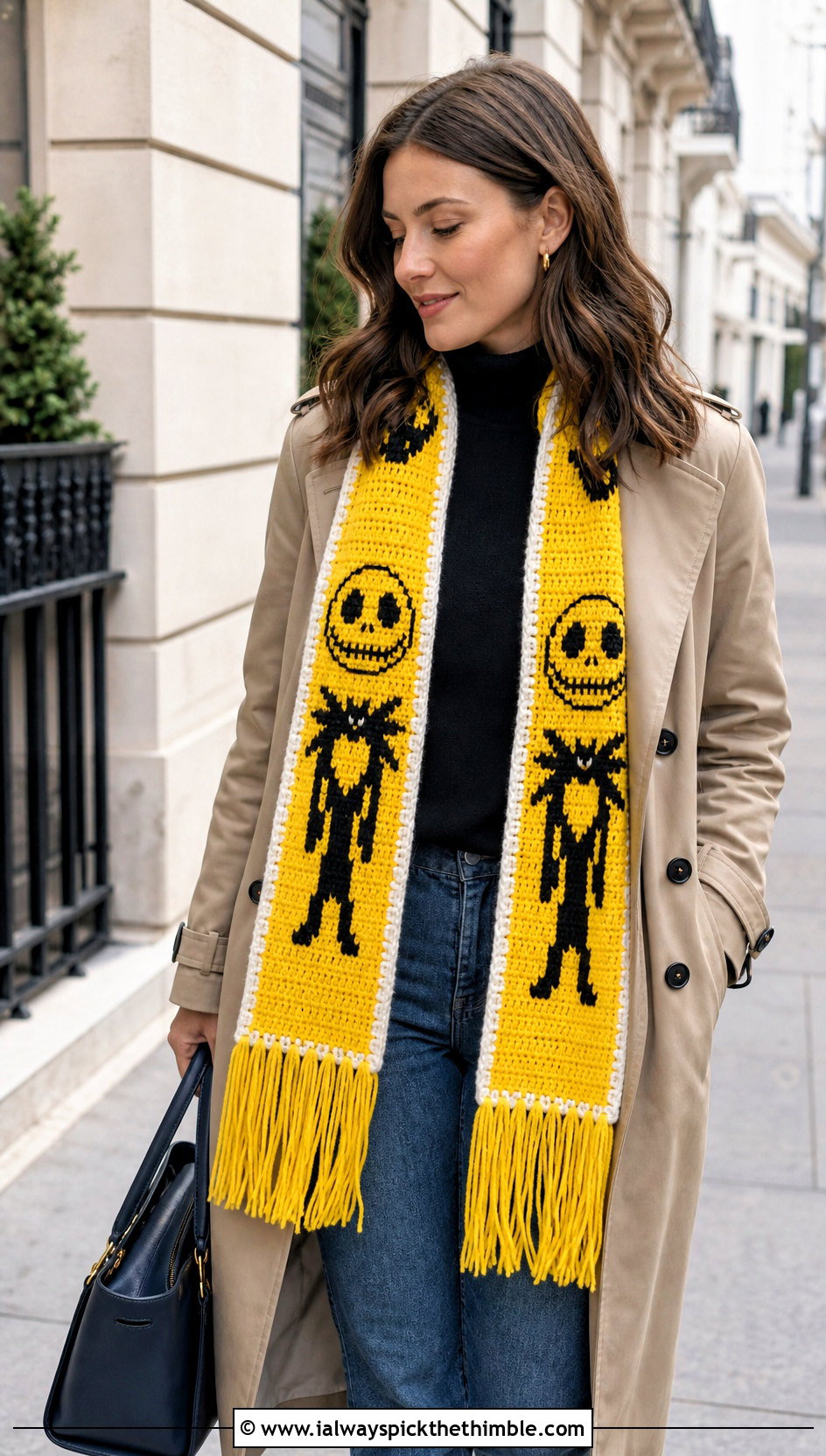 Fringed Jack Skellington Crochet Scarf With Trench Coat - 20 Crochet Jack Skellington Scarf outfit ideas