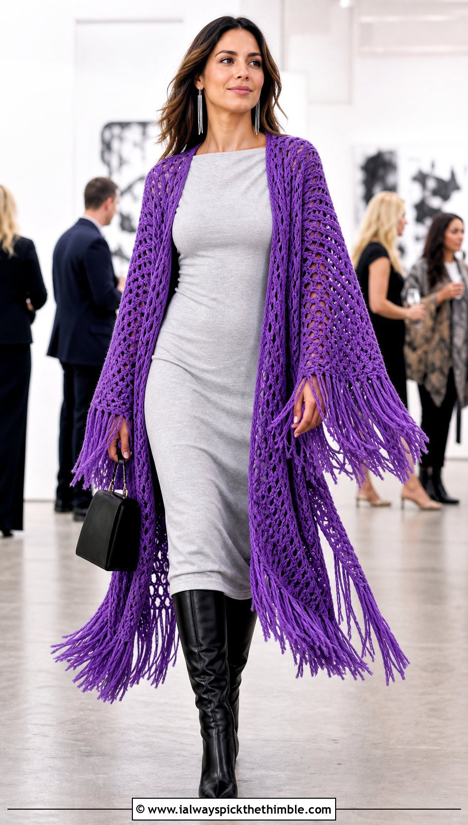 Fringed Kimono Blanket Crochet Cardigan With Column Dress - 20 blanket crochet cardigan outfit ideas