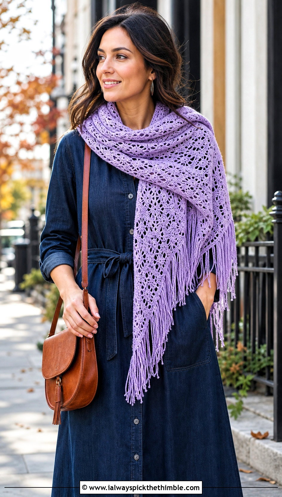 Fringed Lace Crochet Wrap Scarf With Denim Dress - 15 Easy Lace Crochet Scarf outfit ideas