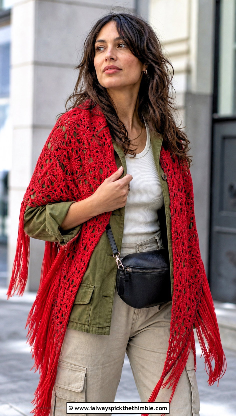 Fringed Lace Triangle Shawl With Utility Jacket And Cargo Pants - 20 Crochet Lacy Triangle Shawl outfit ideas