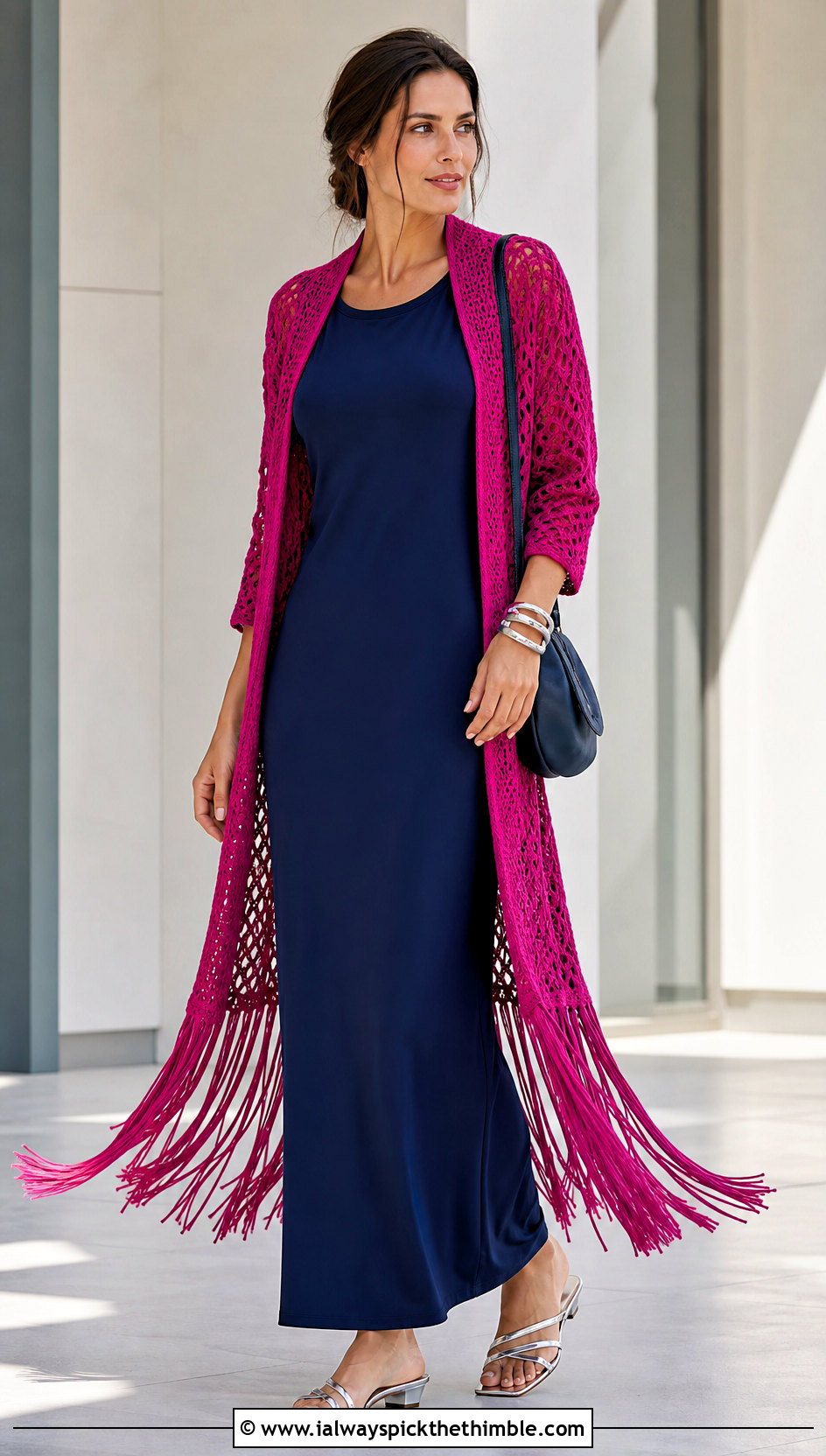 Fringed Long Crochet Cardigan With Column Dress - 20 long crochet cardigan outfit ideas