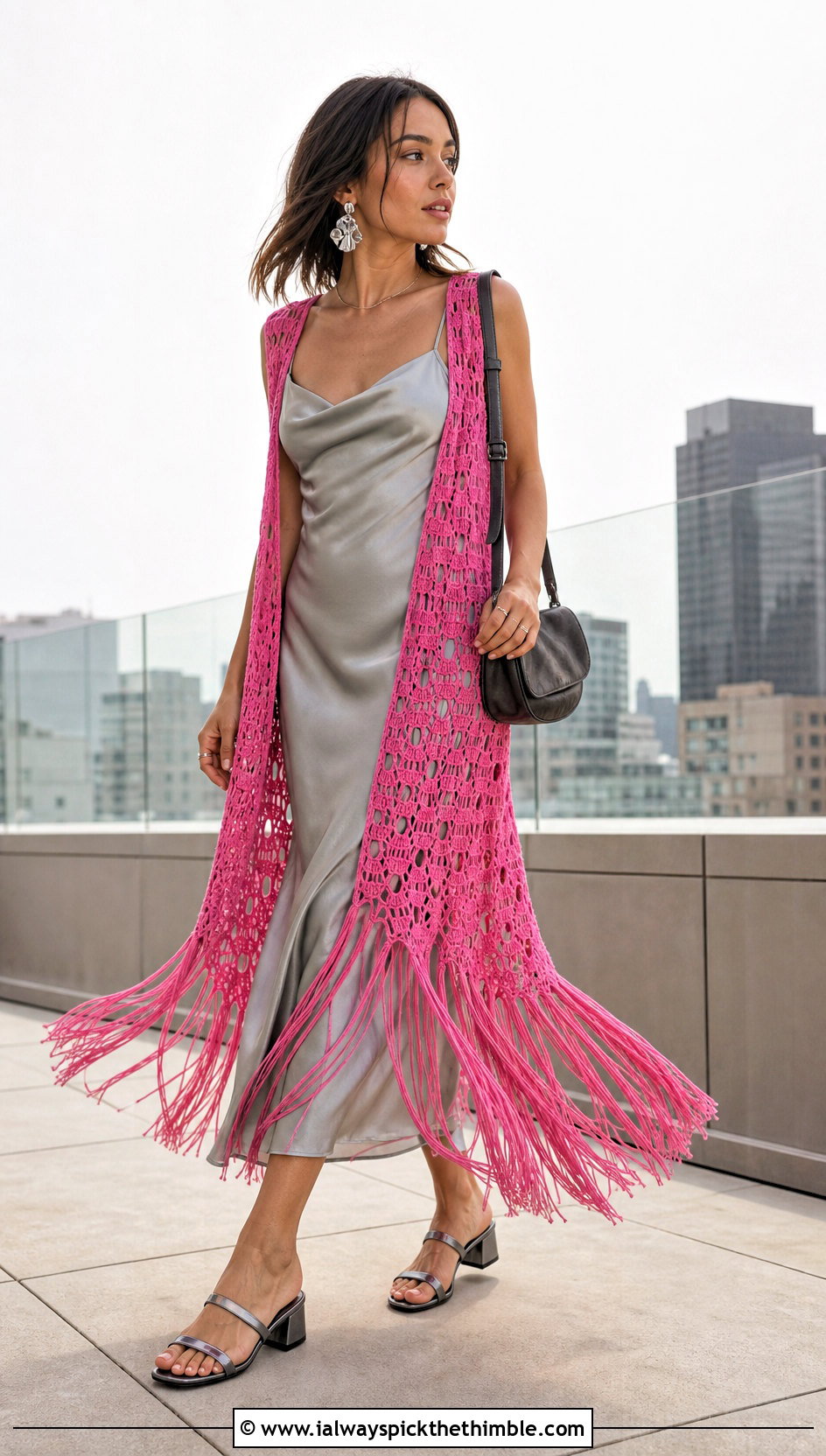 Fringed Longline Crochet Hippie Vest With Slip Dress - 20 crochet hippie vest outfit ideas