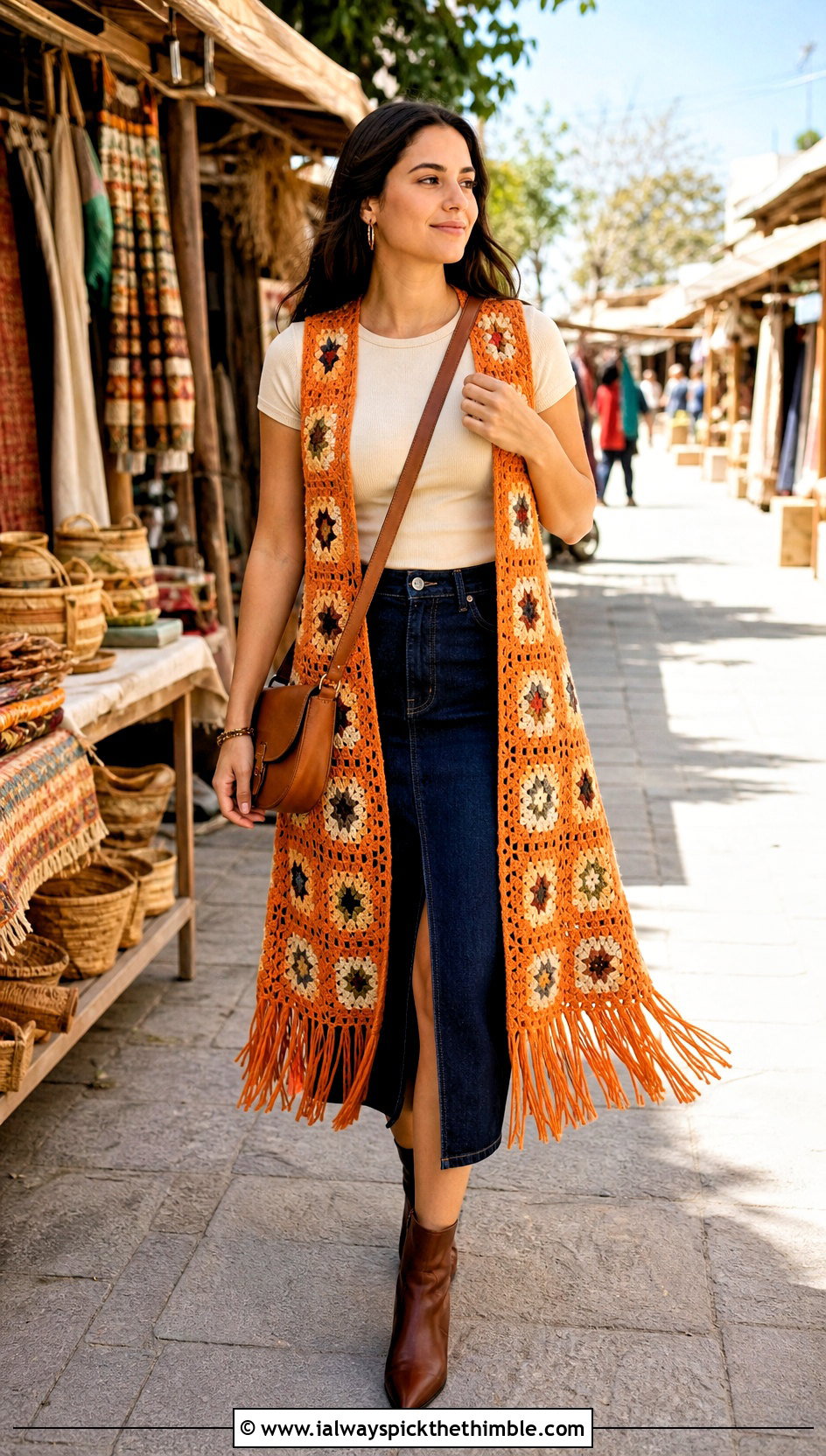 Fringed Longline Granny Square Sleeveless Cardigan With Denim Midi Skirt - 20 granny square sleeveless cardigan outfit ideas