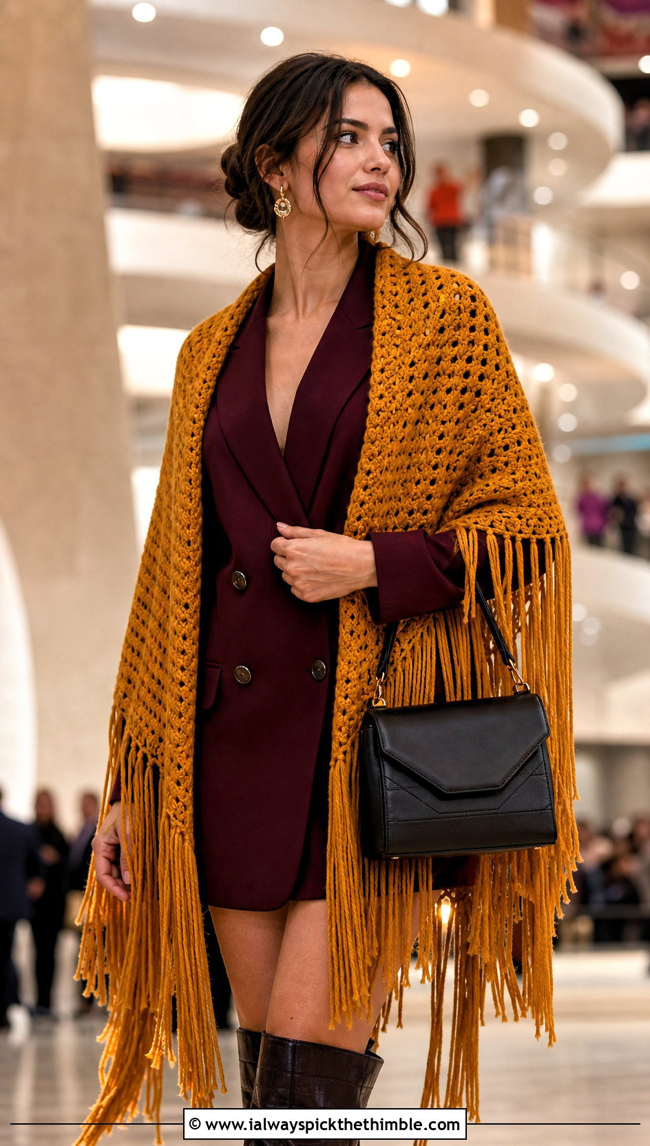 Fringed Mantle Shawl With Blazer Dress And Knee High Boots - 20 Victorian Crochet Shawl outfit ideas