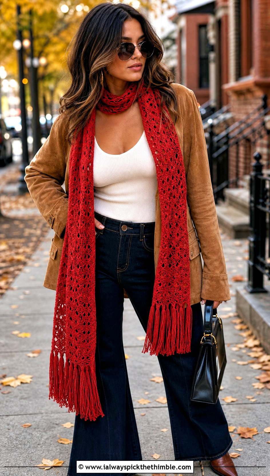 Fringed Mesh Crochet Scarf With Suede Jacket And Flared Jeans - 20 Mesh Crochet Scarf outfit ideas