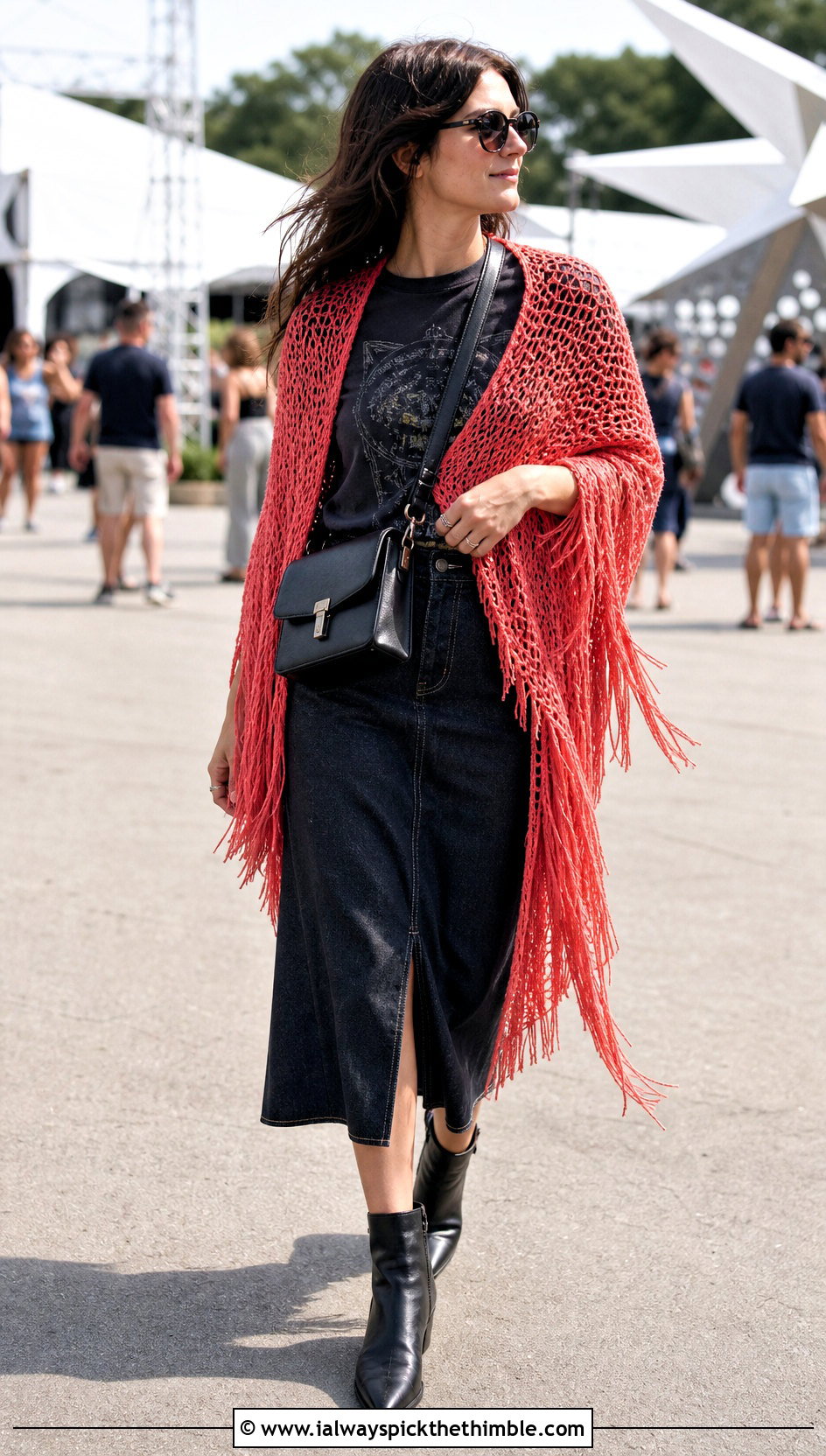 Fringed Mesh Shawl With Graphic Tee And Denim Skirt - 25 lacy crochet shawl outfit ideas