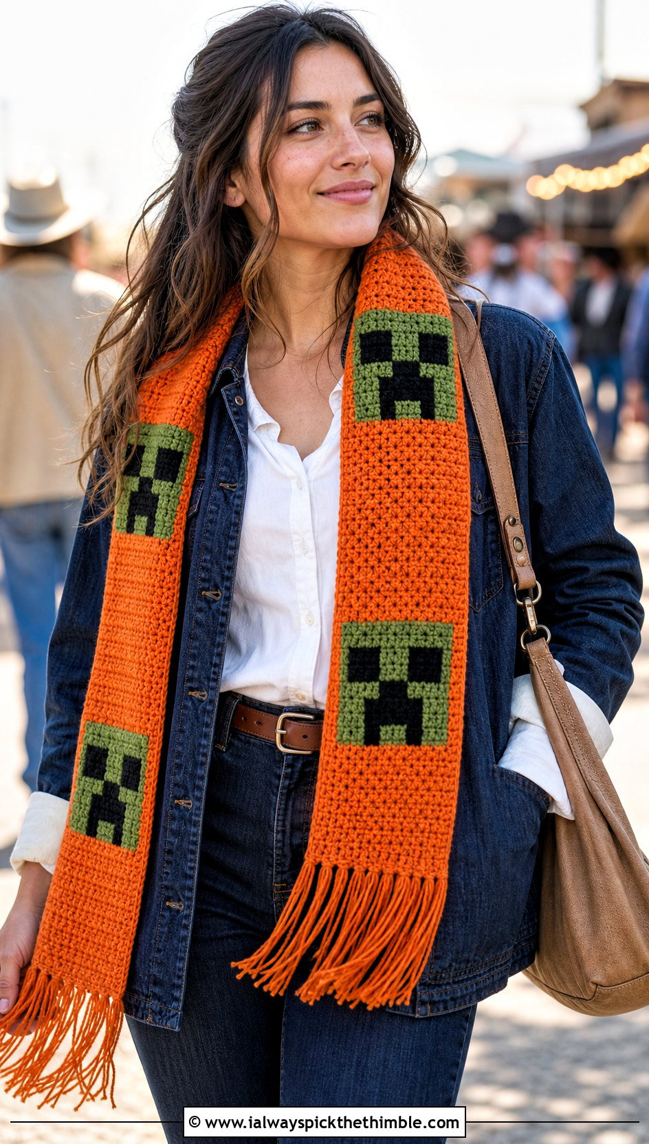 Fringed Minecraft Creeper Crochet Scarf With Western Denim Outfit - 15 minecraft creeper crochet scarf outfit ideas