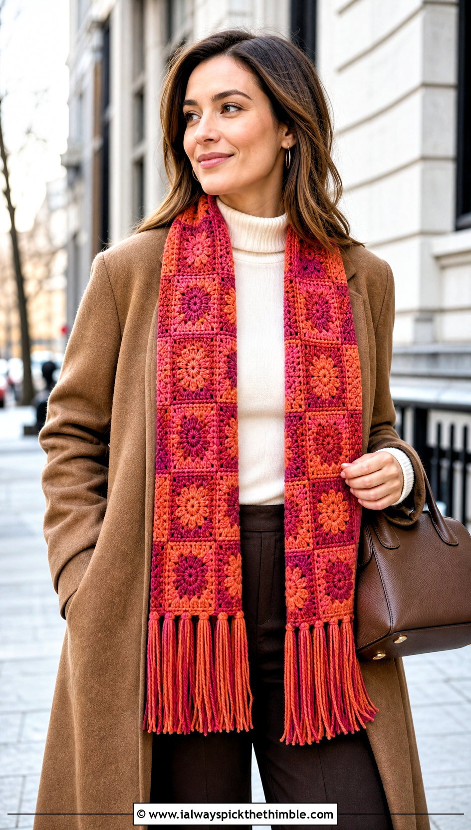 Fringed Mosaic Crochet Scarf With Camel Coat - 20 Mosaic Crochet Scarf outfit ideas