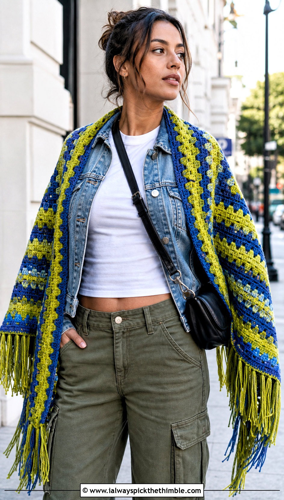 Fringed Mosaic Crochet Shawl With Denim Jacket And Cargo Pants - 20 mosaic crochet shawl outfit ideas