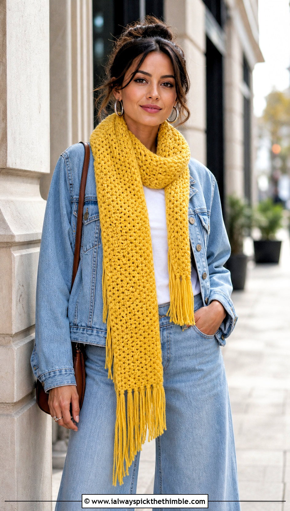 Fringed Moss Stitch Crochet Scarf With Denim Jacket And Wide Leg Jeans - 20 Moss Stitch Crochet Scarf outfit ideas