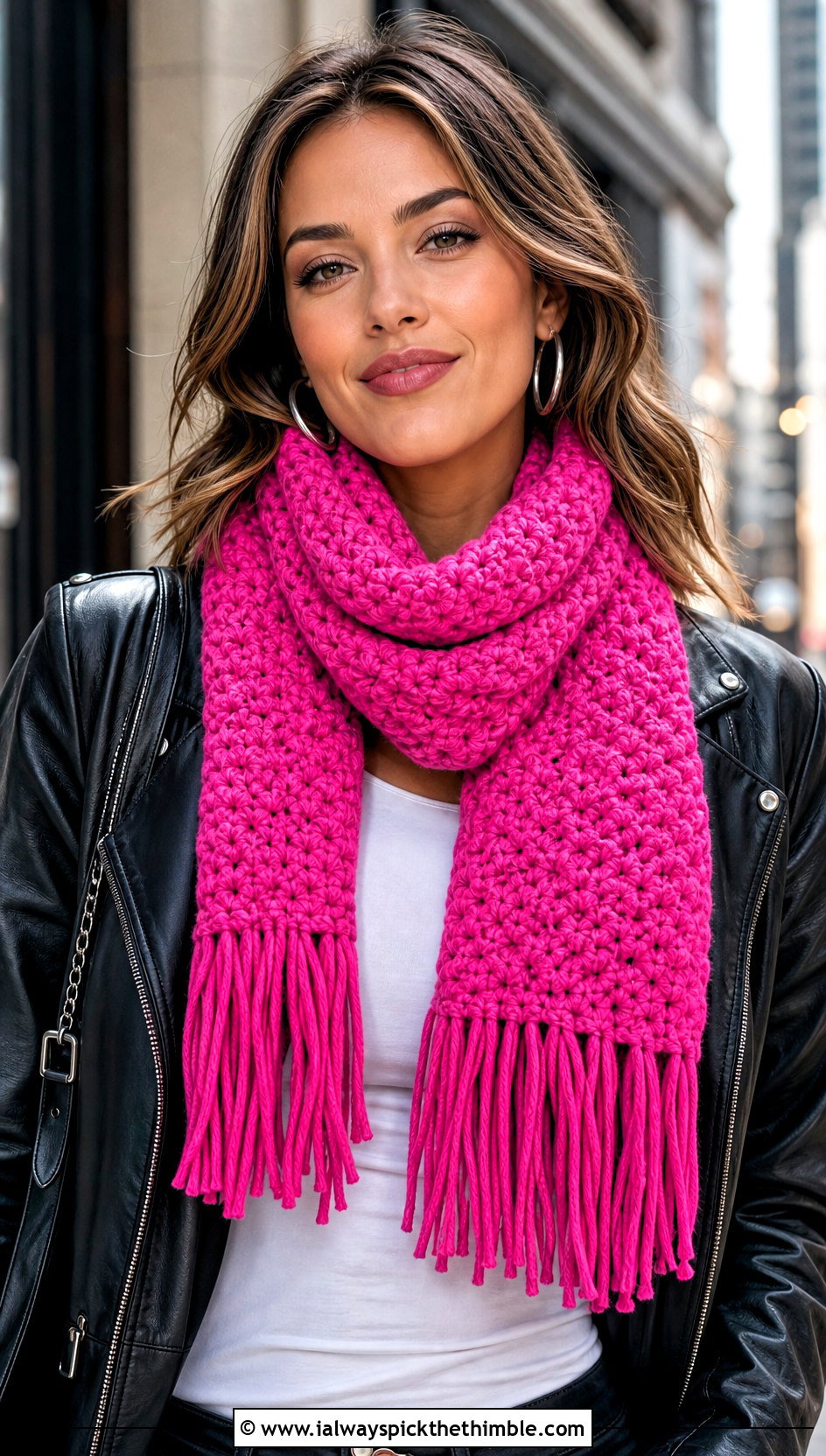 Fringed Moss Stitch Scarf With A Leather Jacket - 25 crochet moss stitch scarf outfit ideas