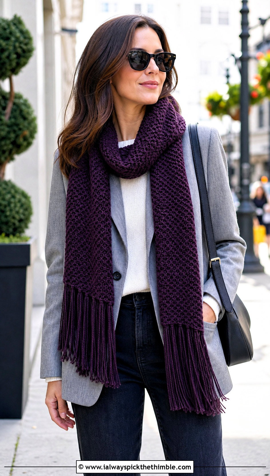 Fringed Moss Stitch Shawl With A Blazer And Jeans - 20 Crochet Moss Stitch Shawl outfit ideas