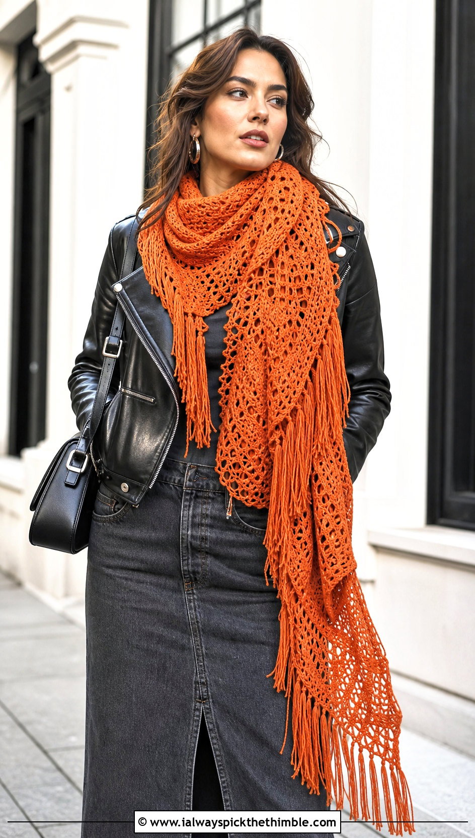 Fringed Never Ending Crochet Shawl With A Leather Jacket - 15 Never Ending Crochet Shawl outfit ideas