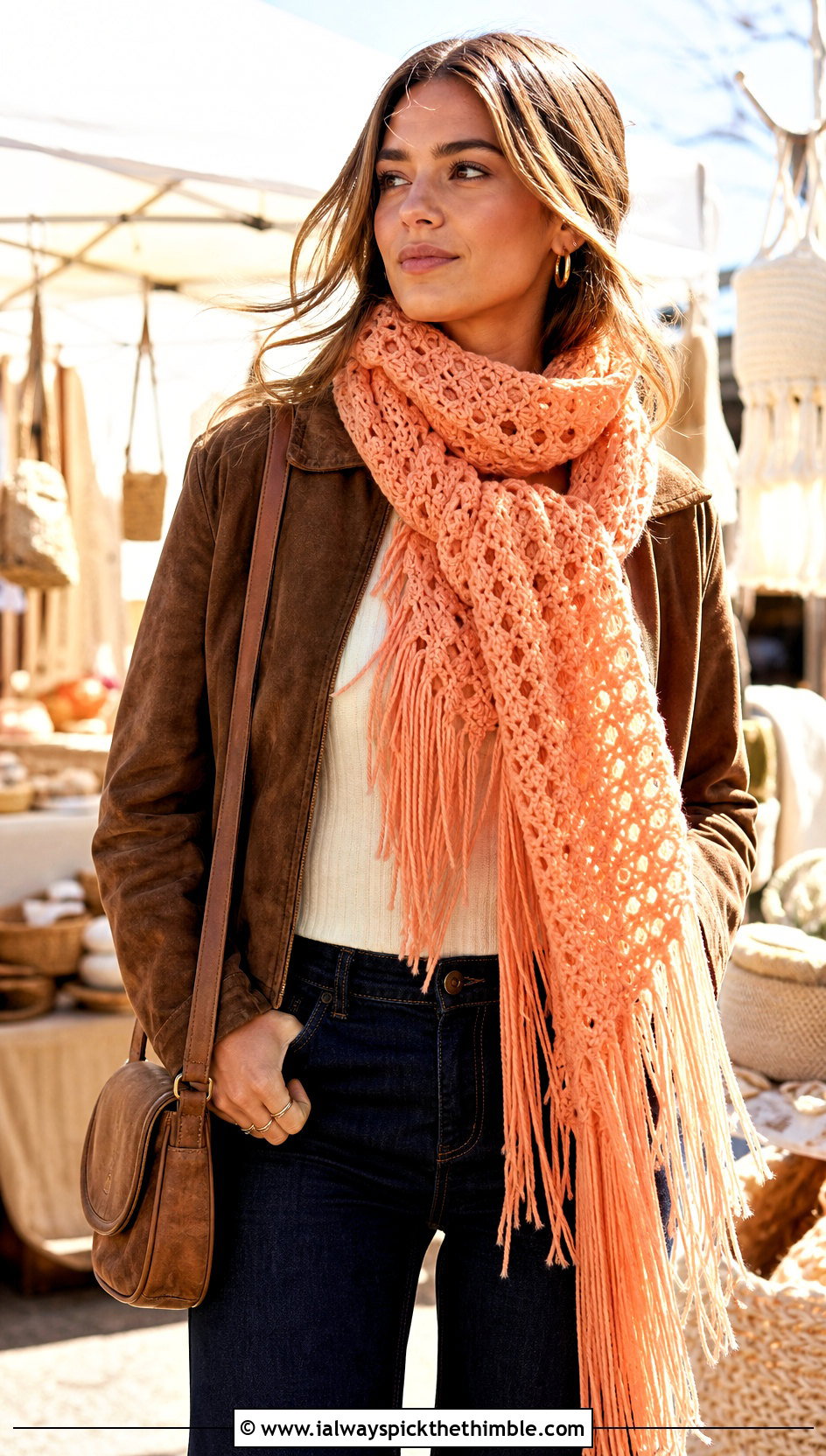 Fringed One Ball Crochet Scarf With Suede Jacket And Flared Jeans - 15 one ball crochet scarf outfit ideas