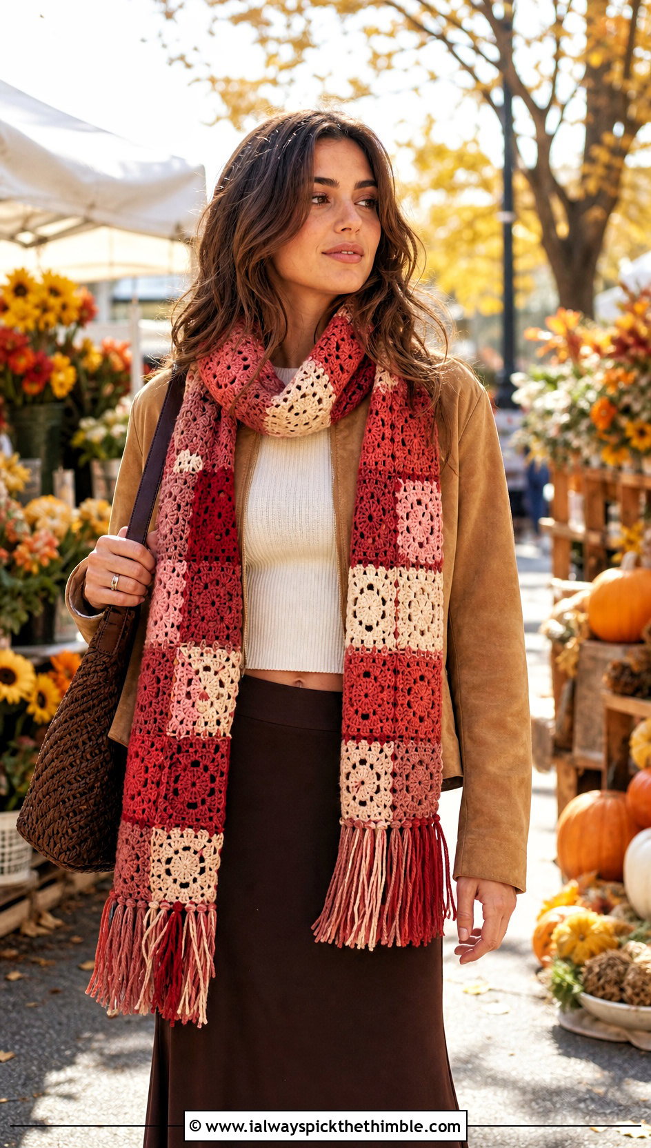 Fringed Patchwork Crochet Scarf With Suede Jacket - 15 Patchwork Crochet Scarf outfit ideas