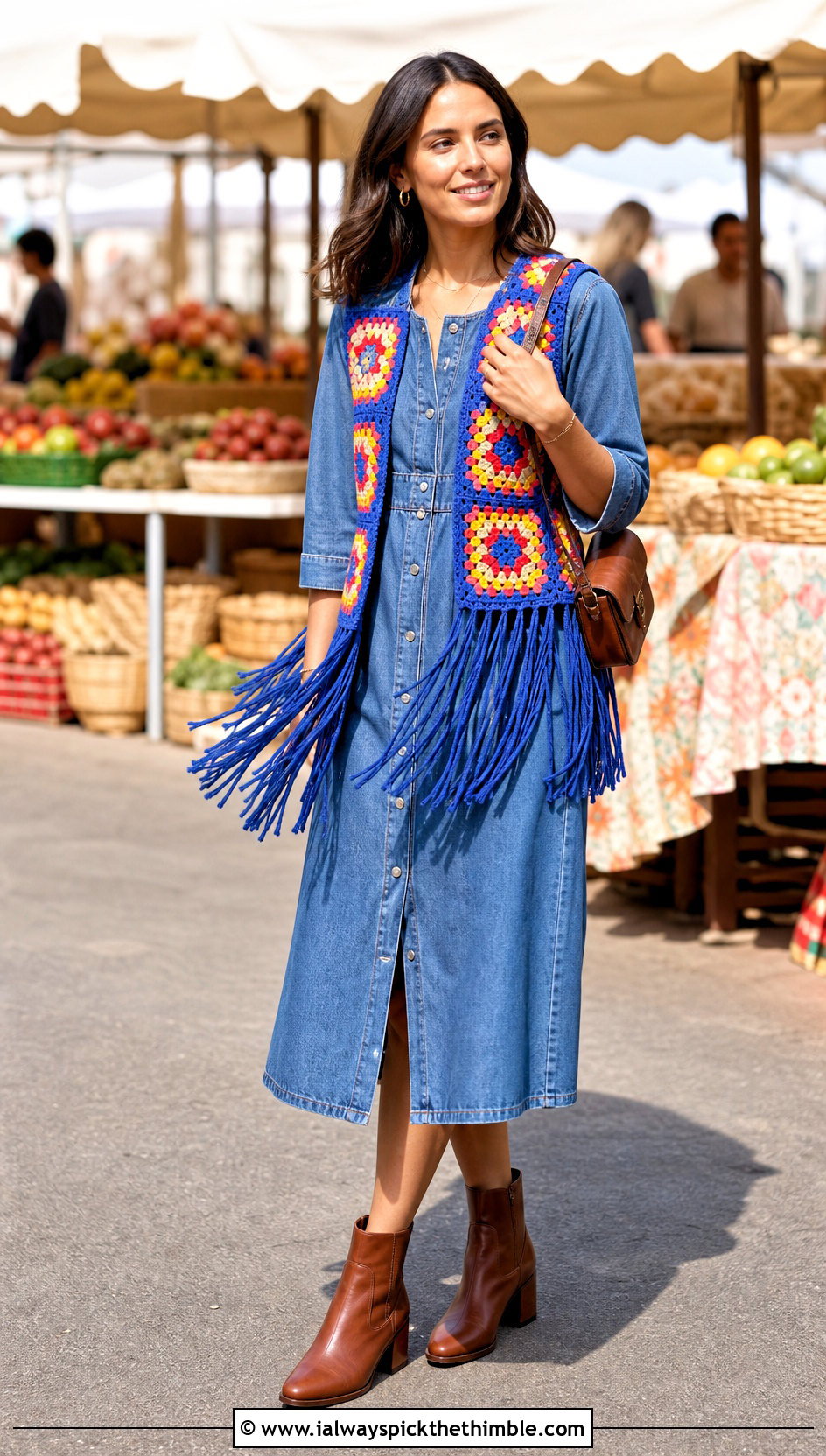Fringed Paul McCartney Crochet Vest With Denim Dress - 25 paul mccartney crochet vest outfit ideas