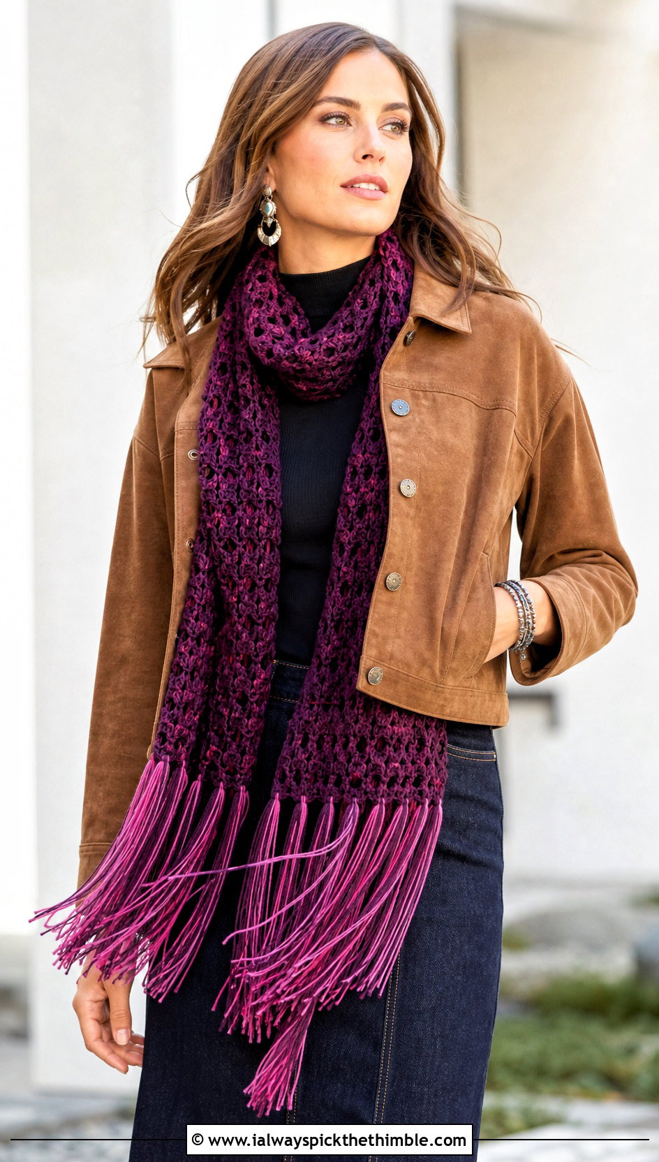 Fringed Pencil Crochet Scarf With Denim Midi Skirt - 20 Pencil Crochet Scarf outfit ideas