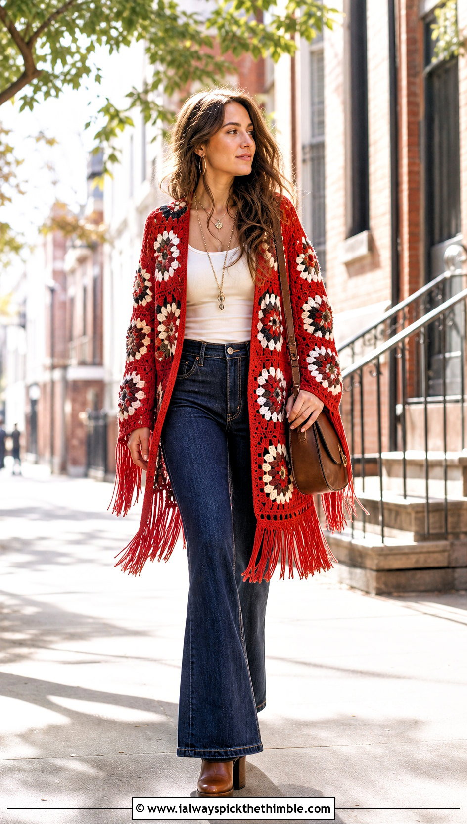 Fringed Pentagon Granny Square Cardigan With Flare Jeans - 20 Pentagon Granny Square Cardigan outfit ideas