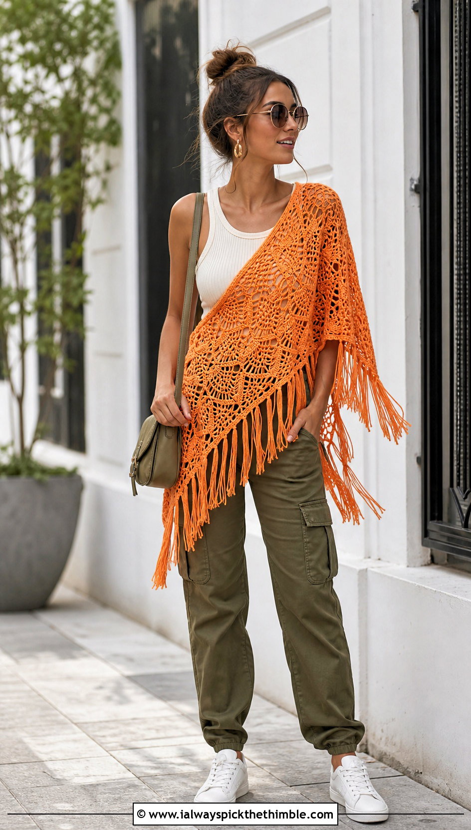 Fringed Pineapple Crochet Shawl With Cargo Pants - 20 pineapple crochet shawl outfit ideas