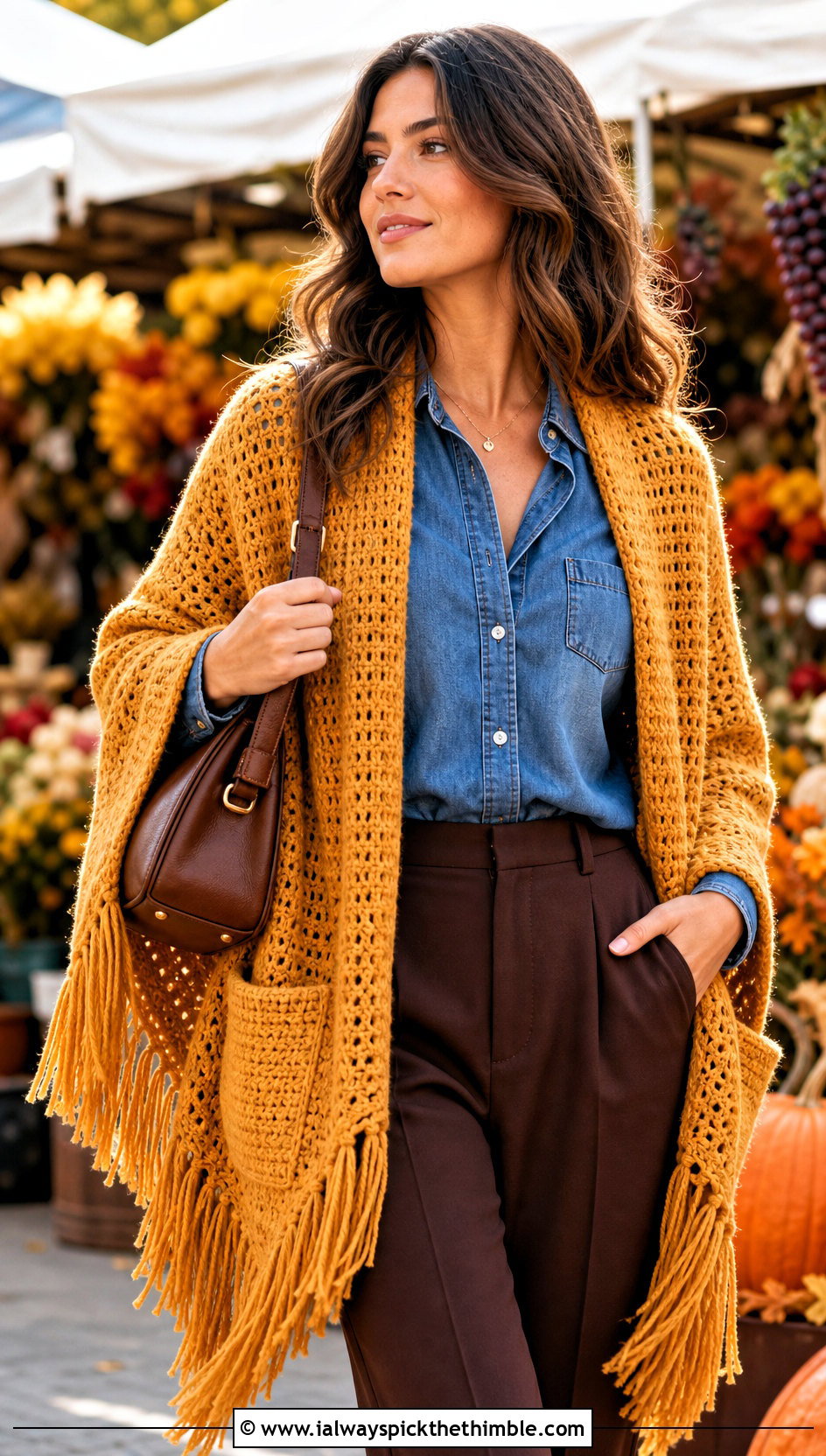 Fringed Pocket Shawl With Denim Shirt And Trousers - 20 Crochet Pocket Scarf Shawl outfit ideas