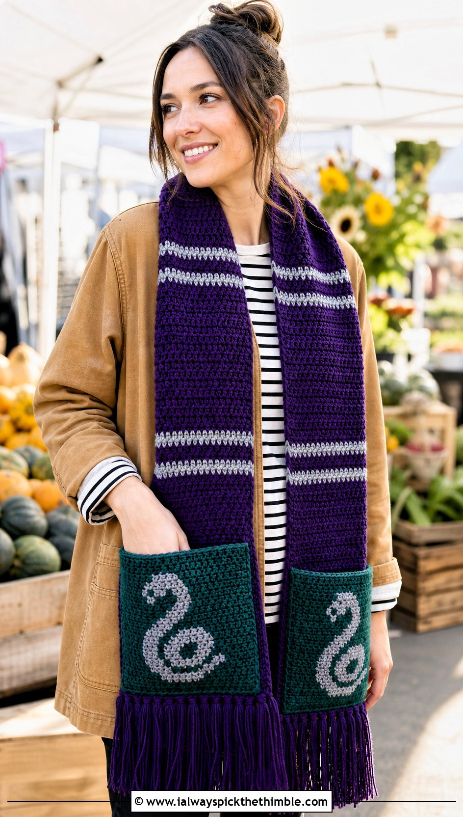 Fringed Pocket Slytherin Crochet Scarf With Chore Jacket - 20 slytherin crochet scarf outfit ideas