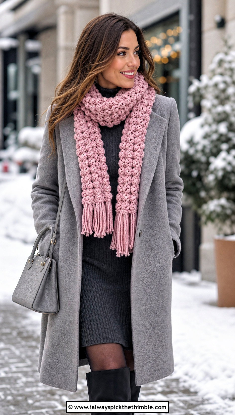 Fringed Popcorn Crochet Scarf With Sweater Dress - 20 Popcorn Crochet Scarf outfit ideas