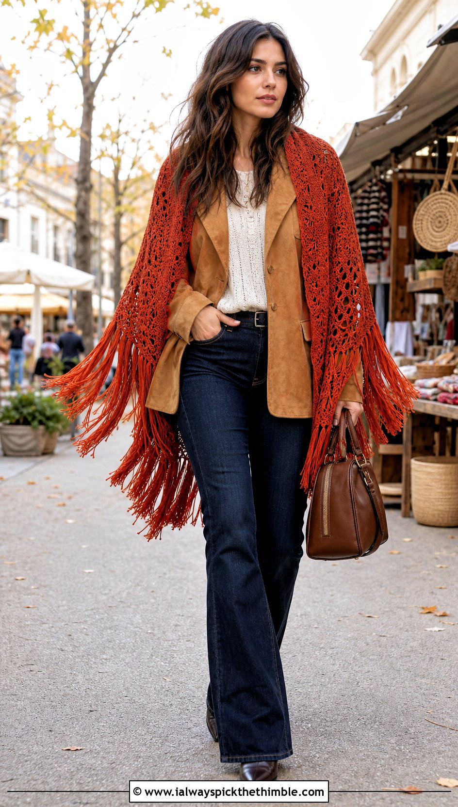 Fringed Prayer Shawl With Suede Jacket - 25 easy crochet prayer shawls outfit ideas