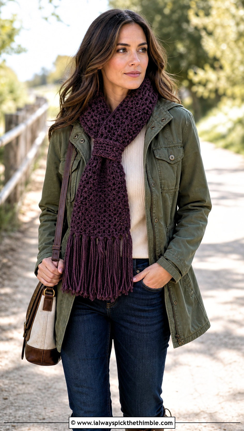 Fringed Pull Through Crochet Scarf With Utility Jacket - 15 Crochet Button Hole Scarf outfit ideas