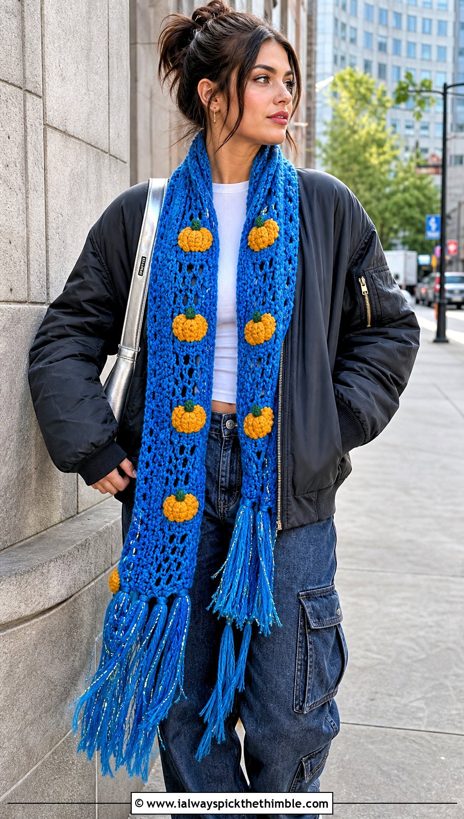 Fringed Pumpkin Crochet Scarf With Bomber Jacket - 15 crochet pumpkin scarf outfit ideas