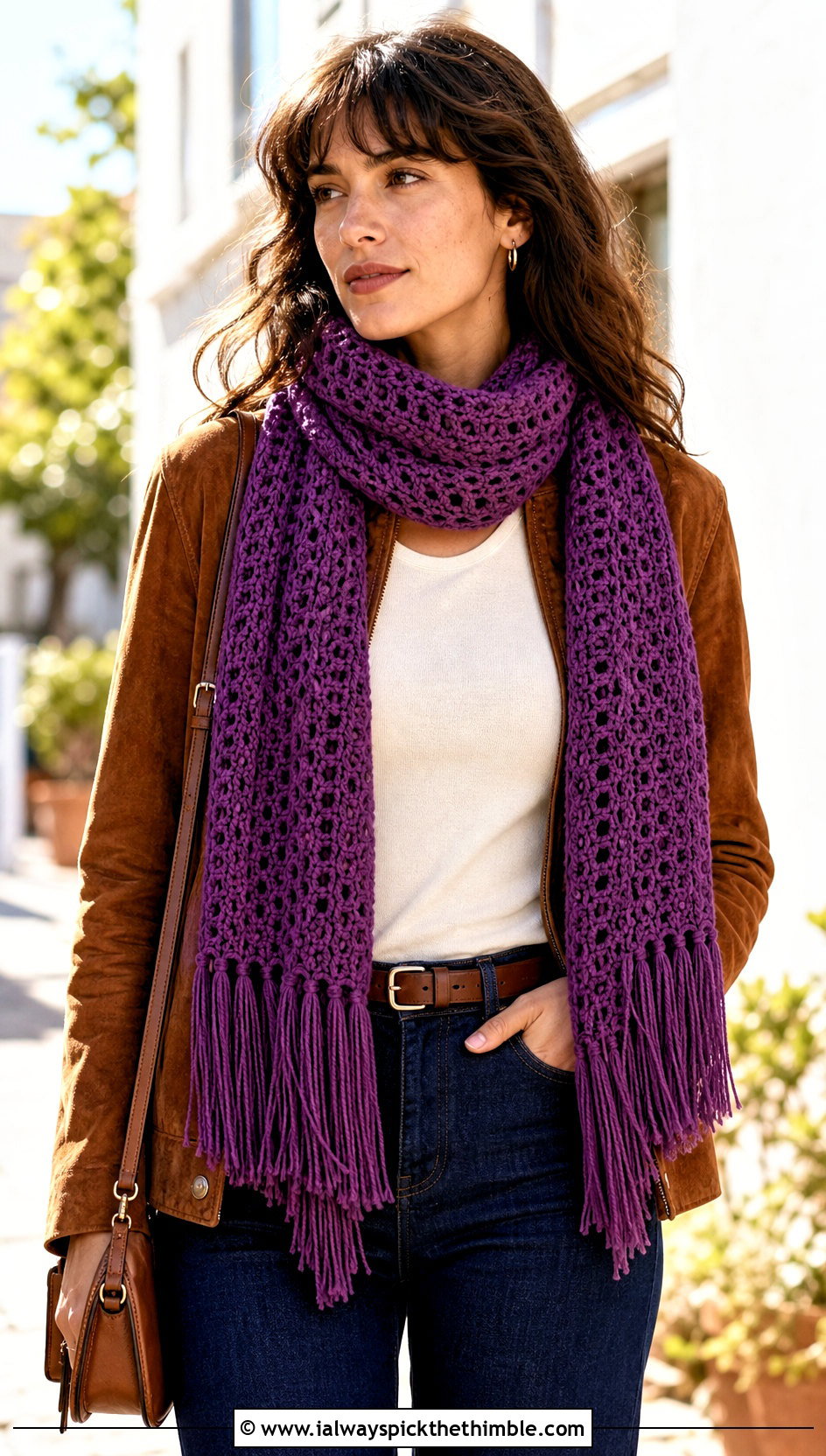 Fringed Rectangle Crochet Scarf With Suede Jacket - 20 Quick And Easy Crochet Scarf outfit ideas