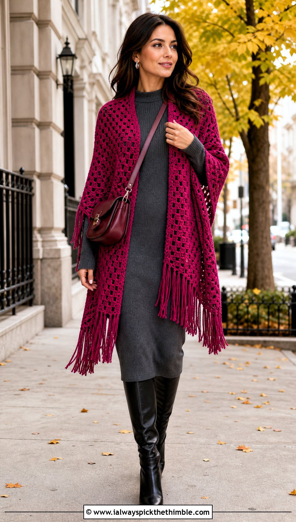 Fringed Rectangle Crochet Shawl With Sweater Dress - 20 Easy Rectangle Crochet Shawl outfit ideas