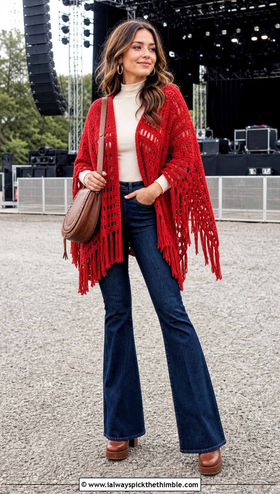 Fringed Rectangle Poncho With Flared Jeans - 20 crochet rectangle poncho outfit ideas