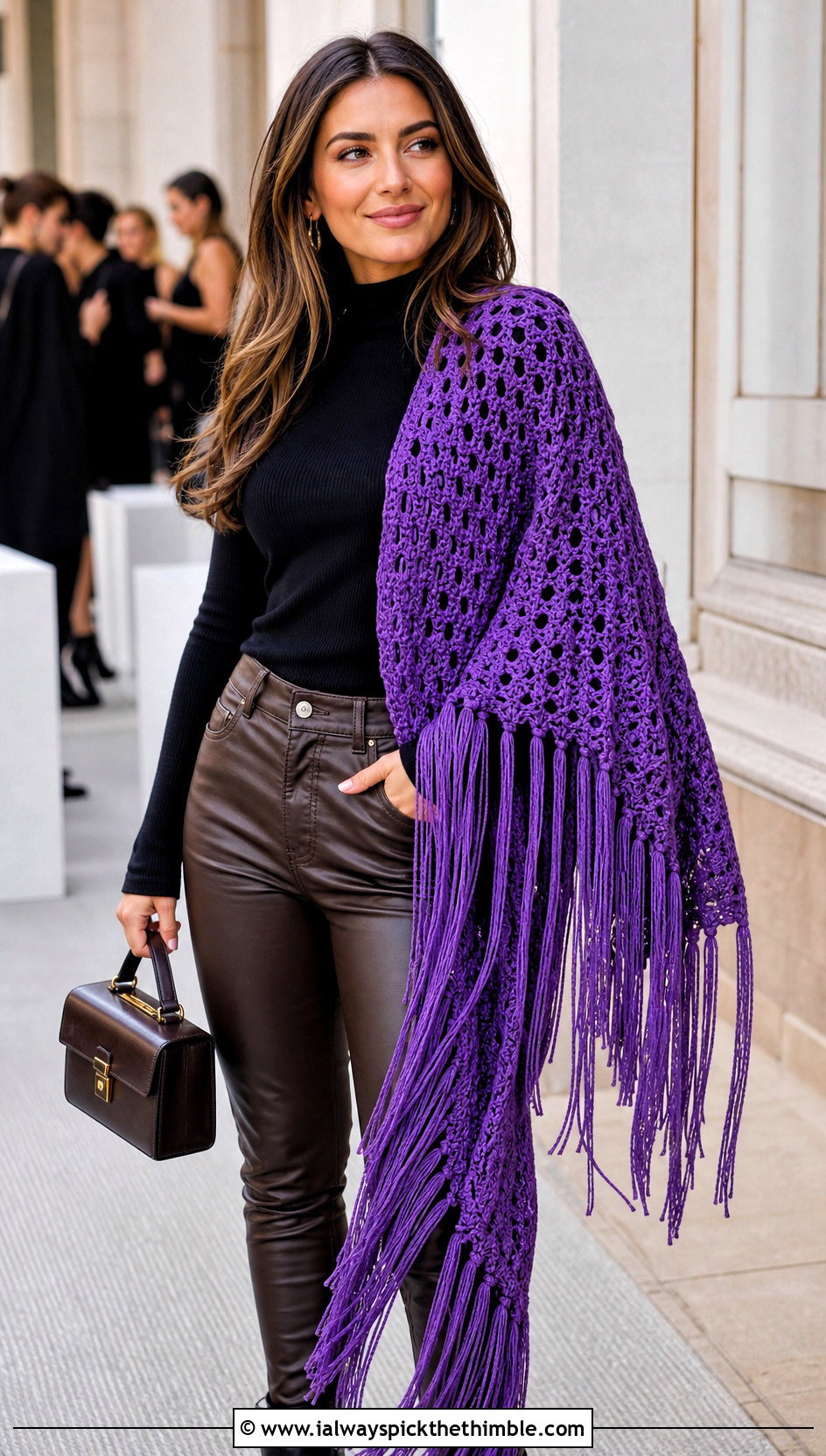 Fringed Rectangular Shawl With Leather Pants - 20 crochet rectangular shawl outfit ideas